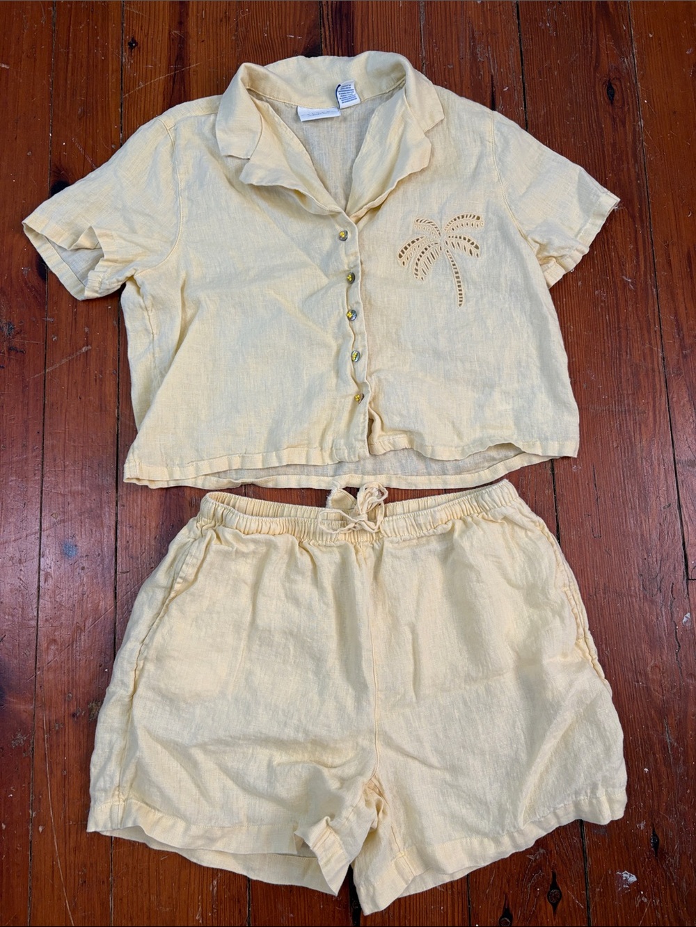 Calypso St. Barth Pale Yellow Linen Shirt & Shorts Set Tropical Small